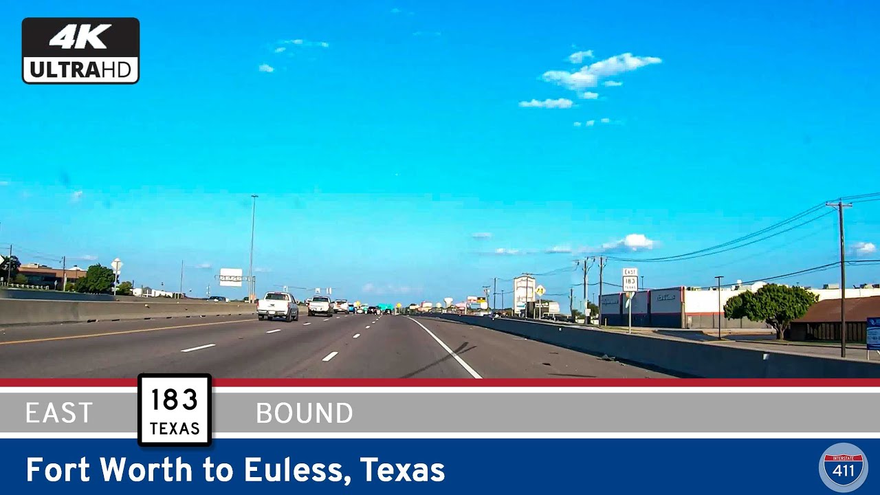 Travel 9 miles east along Texas Highway 183 from Fort Worth to Euless, passing through Hurst and Bedford before arriving at the DFW Airport entrance. A key Metroplex corridor with heavy traffic and vital connections.