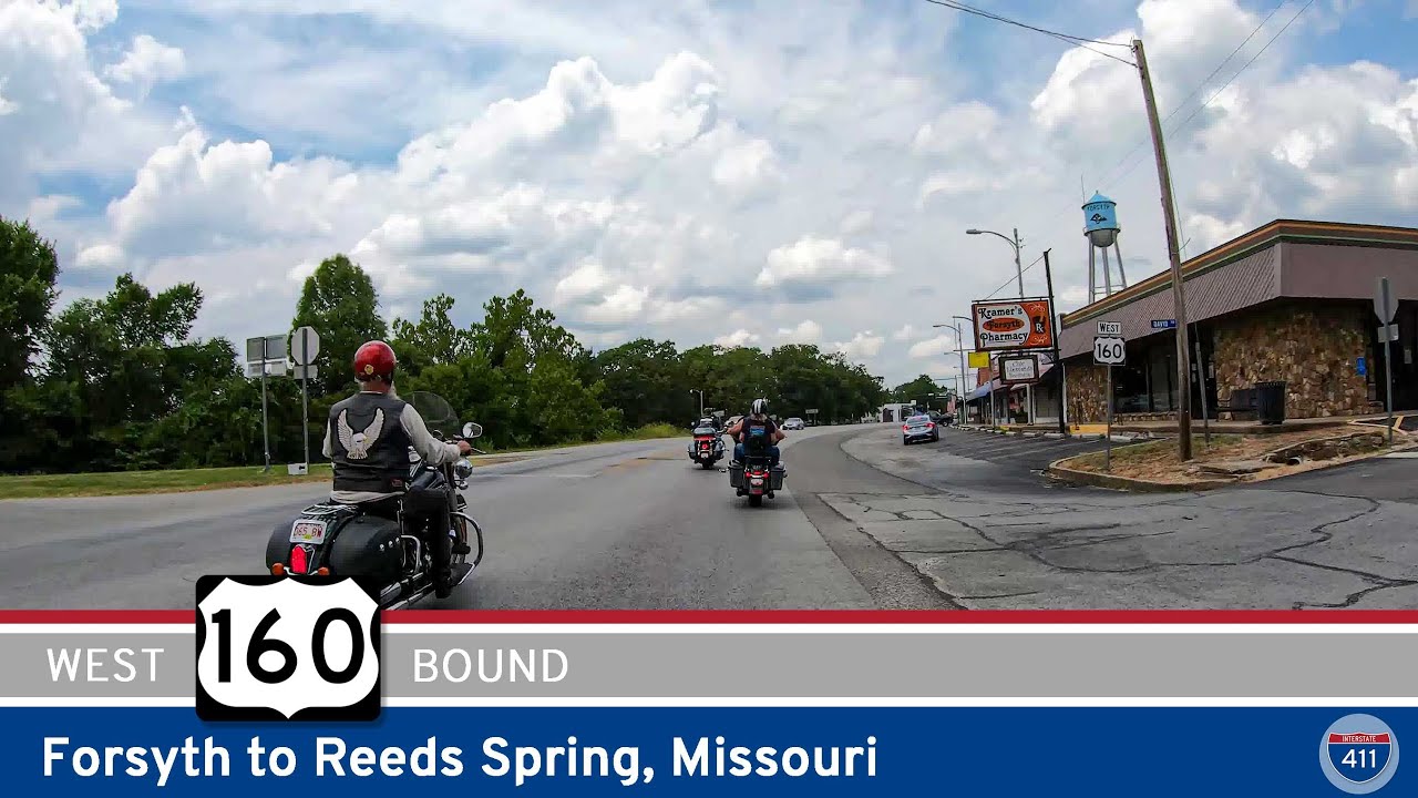 Take a scenic 19-mile drive along U.S. Highway 160 from Forsyth to Reeds Spring, Missouri. Explore wooded Ozark hills, small-town charm, and major junctions connecting to Branson and Table Rock Lake.