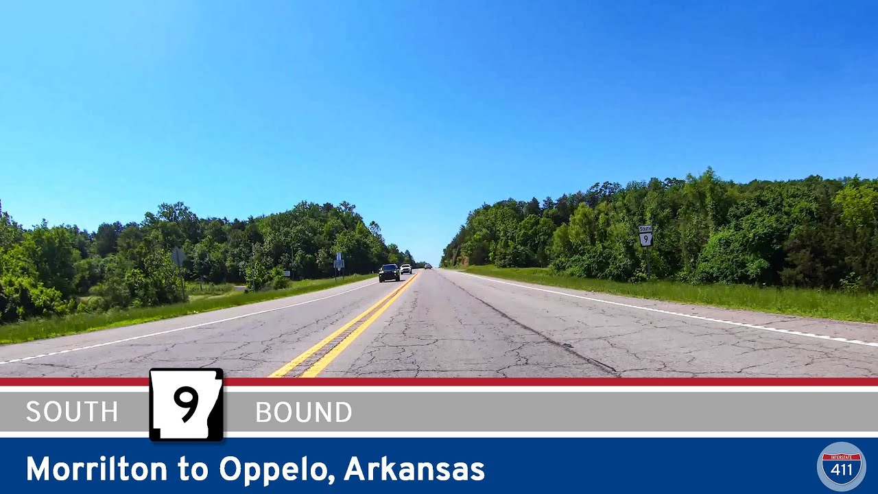 Drive 5 miles south on Arkansas Highway 9 from Morrilton to Oppelo, crossing the scenic Arkansas River and open farmland before reaching the junction with AR-154 near Petit Jean State Park.